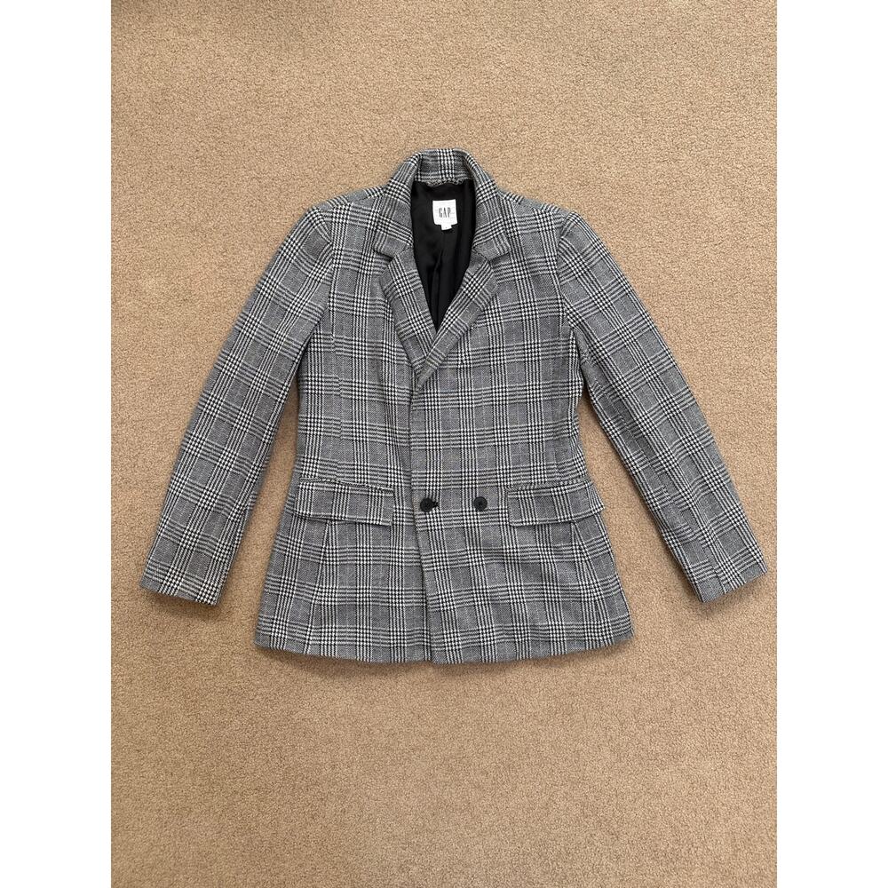 GAP Gray and Black Plaid Double-Breasted Blazer